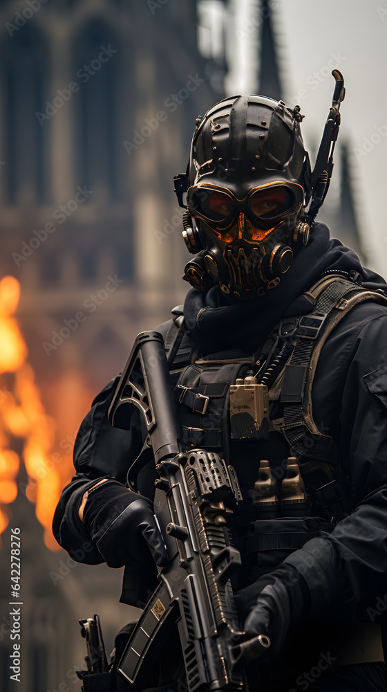 Poster arafed soldier with a gun and a helmet in front of a building generative ai