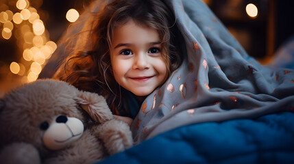 arafed little girl laying in bed with a teddy bear Generative AI