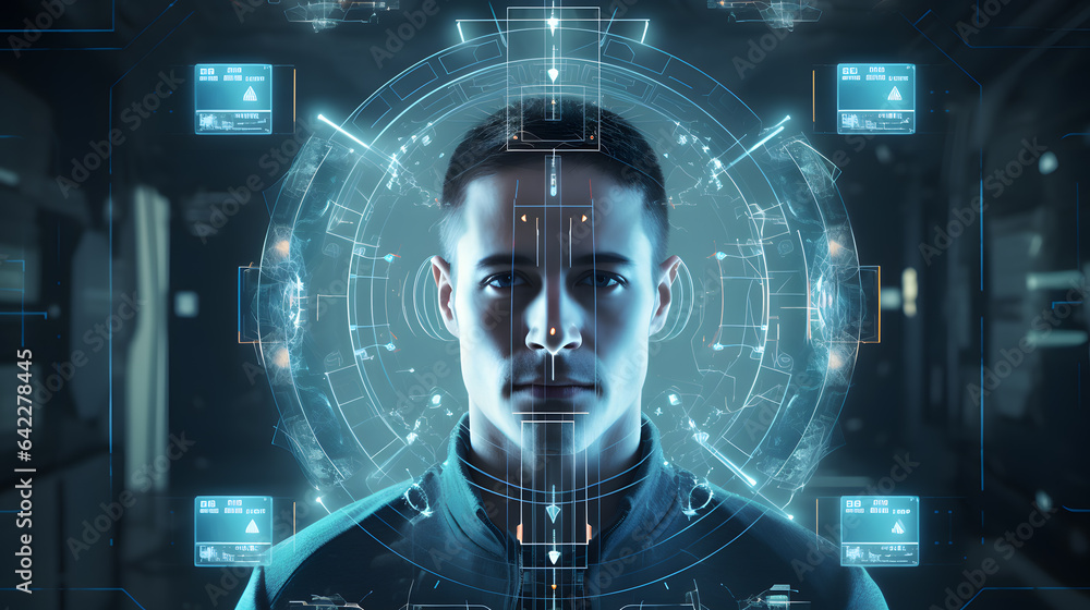 Poster arafed image of a man in a futuristic suit with a futuristic interface generative ai