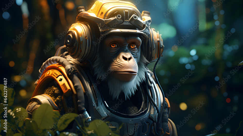 Poster there is a monkey wearing a helmet and a helmet with a helmet on generative ai