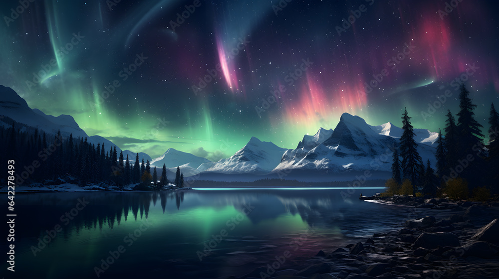 Aufkleber arafed image of a mountain range with a lake and aurora lights generative ai
