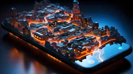 arafed city on a smartphone screen with a glowing city on the screen Generative AI