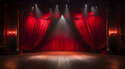 arafed stage with red curtains and spotlights and wooden floor Generative AI