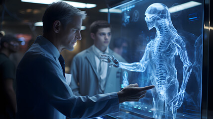 arafed man looking at a skeleton in a glass case Generative AI