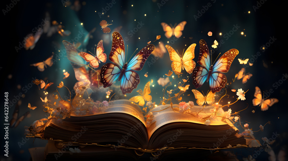 Poster butterflies flying out of an open book with a dark background generative ai