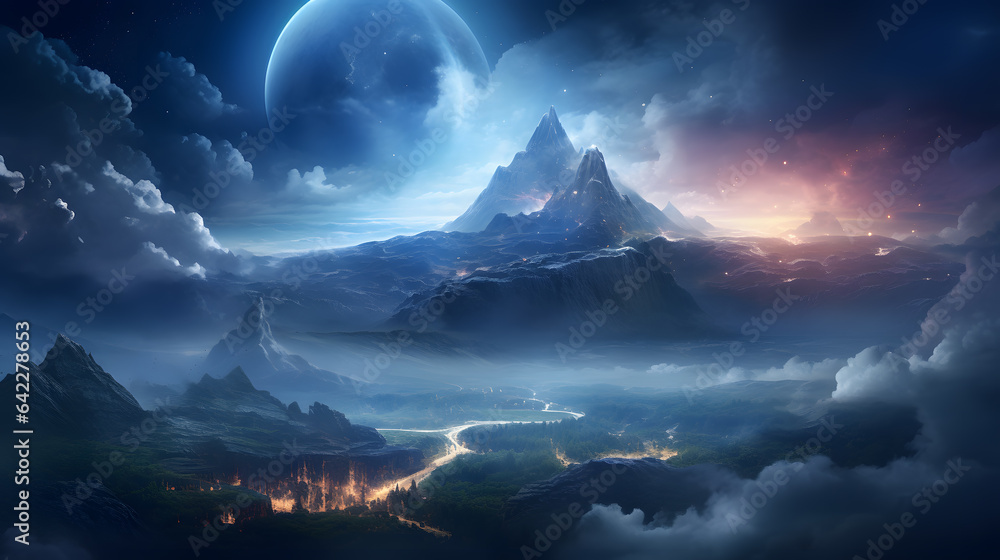 Aufkleber mountains and a river in the distance with a full moon in the sky generative ai
