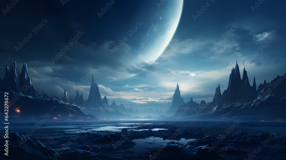 Poster arafed view of a distant alien landscape with a moon generative ai