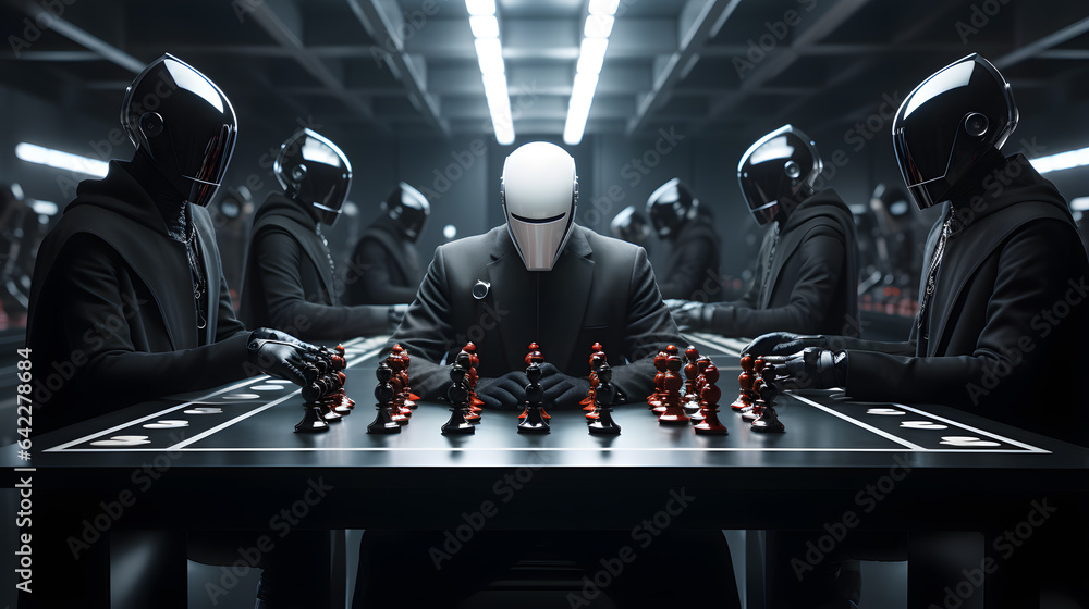 Poster there are many people in suits playing chess with helmets on generative ai