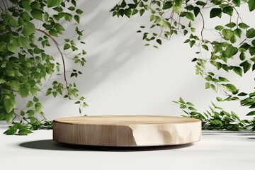 An illustration of a wooden podium for product presentation with blurred green nature. Made with generative AI technology