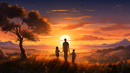 there is a man and a child walking in a field at sunset Generative AI