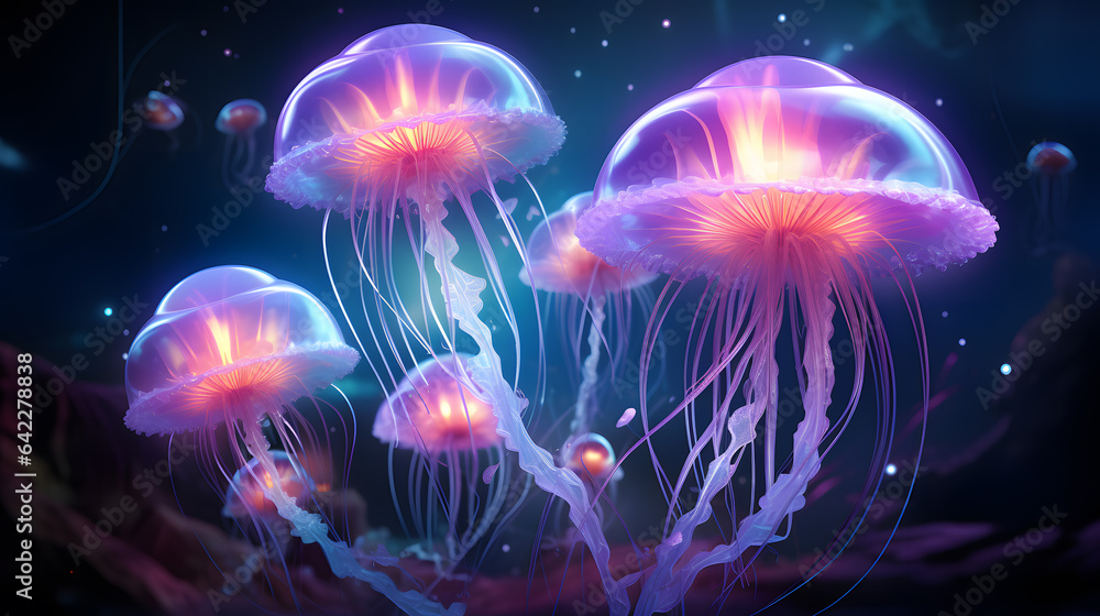 Aufkleber jellyfishs floating in the water with glowing lights on them generative ai