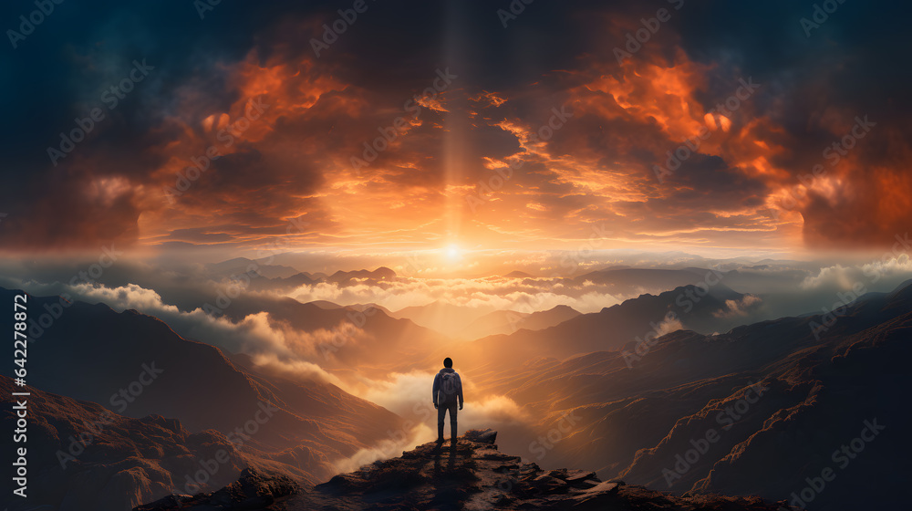 Aufkleber arafed view of a man standing on a mountain top with a sunset in the background generative ai
