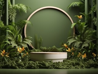 An illustration of a wooden podium with a green backdrop in a tropical forest for product display. Made with generative AI technology