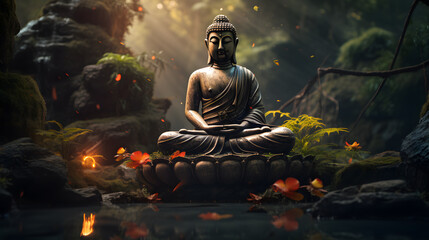 there is a statue of a buddha sitting on a rock Generative AI