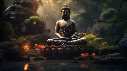 Tuinposter there is a statue of a buddha sitting on a rock Generative AI © Bipul Kumar