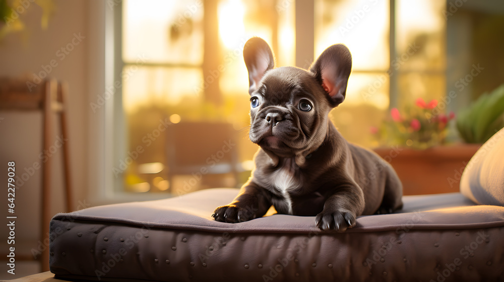 Poster puppy sitting on a cushion looking up at the camera generative ai
