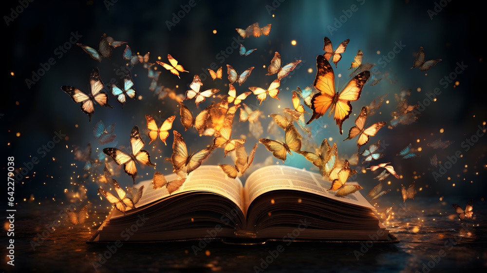 Poster butterflies flying out of an open book on a table generative ai