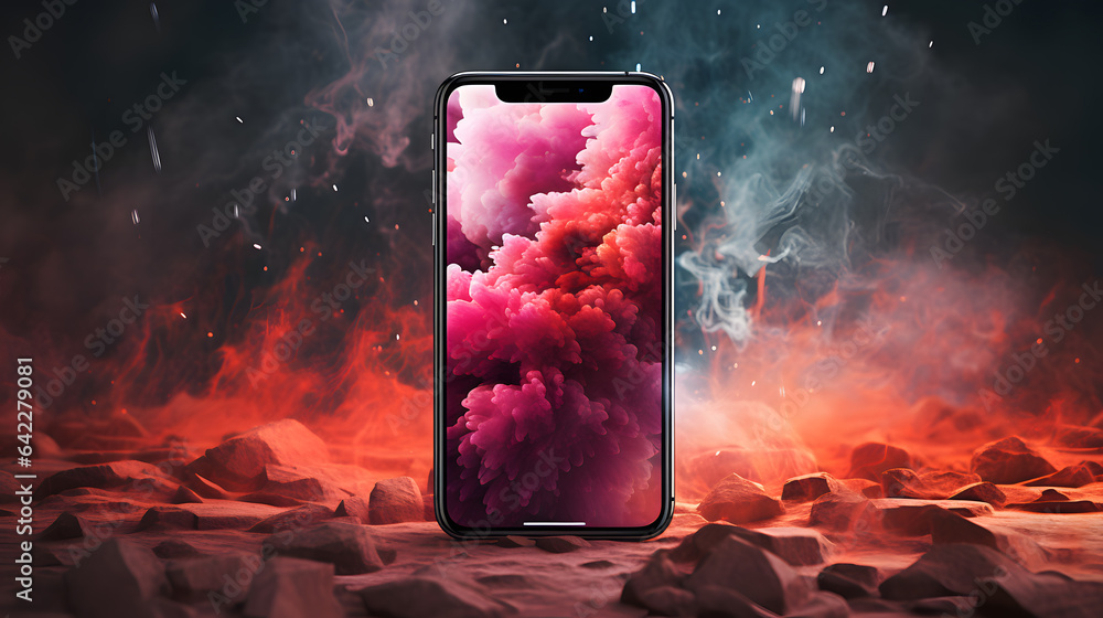 Poster arafed image of a phone with a red smoke background generative ai