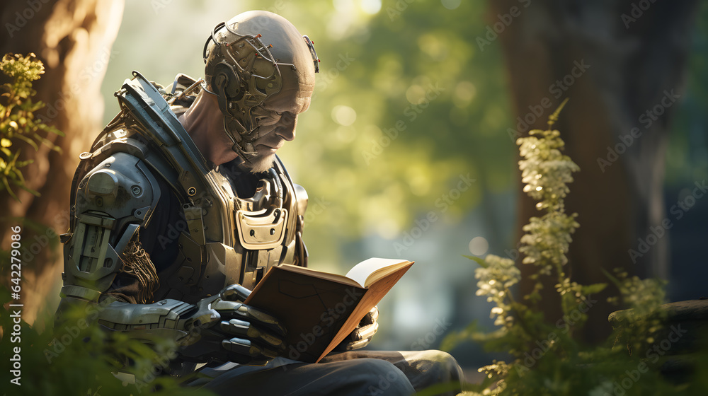 Poster there is a man in a suit reading a book in the woods generative ai