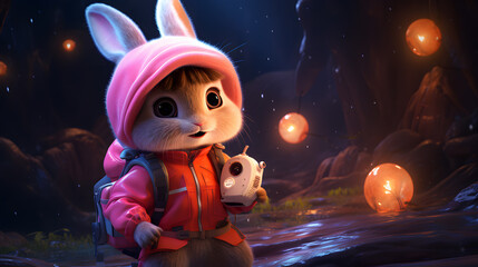 there is a cartoon rabbit with a backpack and a drink Generative AI