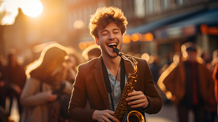 arafed man playing a saxophone in a crowded city street Generative AI - obrazy, fototapety, plakaty