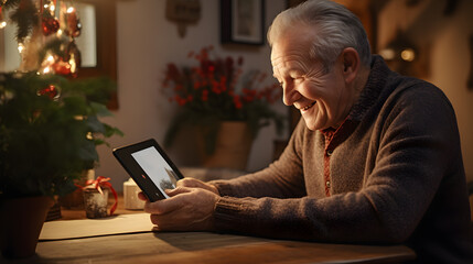 smiling elderly man using tablet computer at table in home Generative AI
