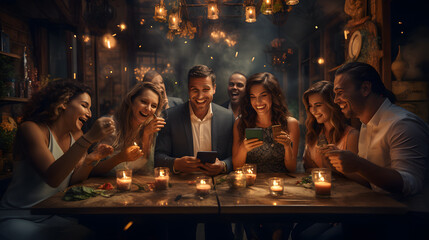 people sitting at a table with candles and a cell phone Generative AI - obrazy, fototapety, plakaty