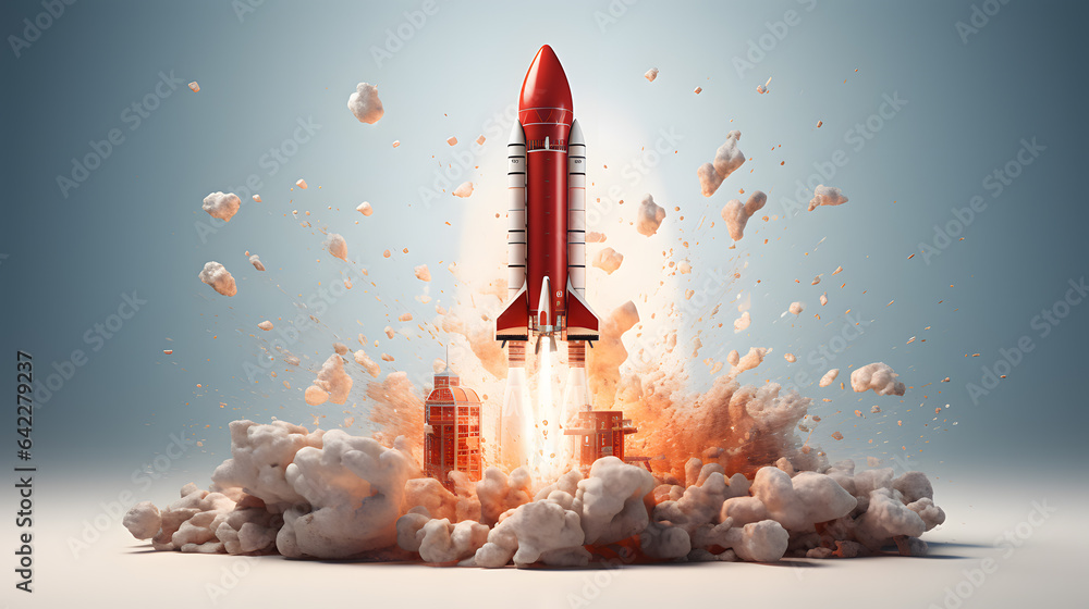 Poster arafed red rocket taking off from a cloud of white clouds generative ai