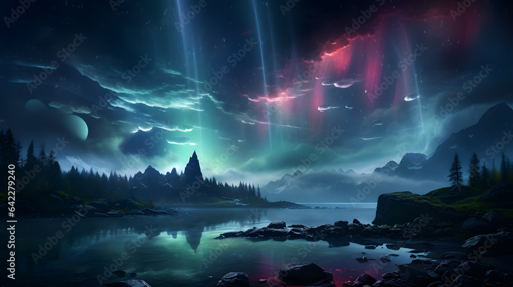 Poster there is a picture of a beautiful aurora bore with a mountain in the background generative ai