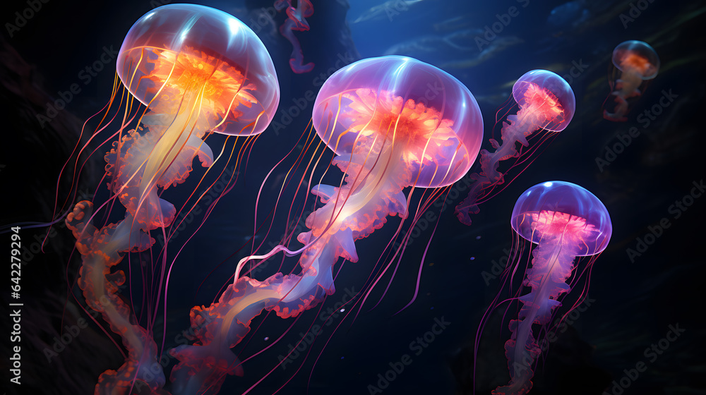Poster jellyfishs floating in the water with a bright light shining on them generative ai