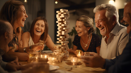 several people sitting around a table with candles and a tower of blocks Generative AI