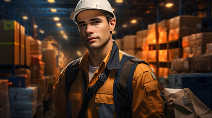 arafed man in a hardhat standing in a warehouse with boxes Generative AI - obrazy, fototapety, plakaty
