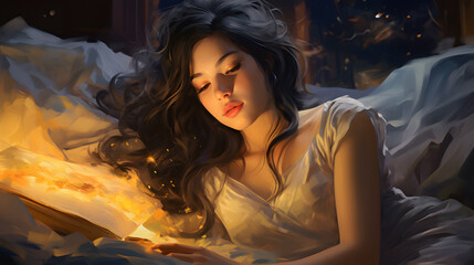 there is a woman laying in bed reading a book with a glowing light Generative AI