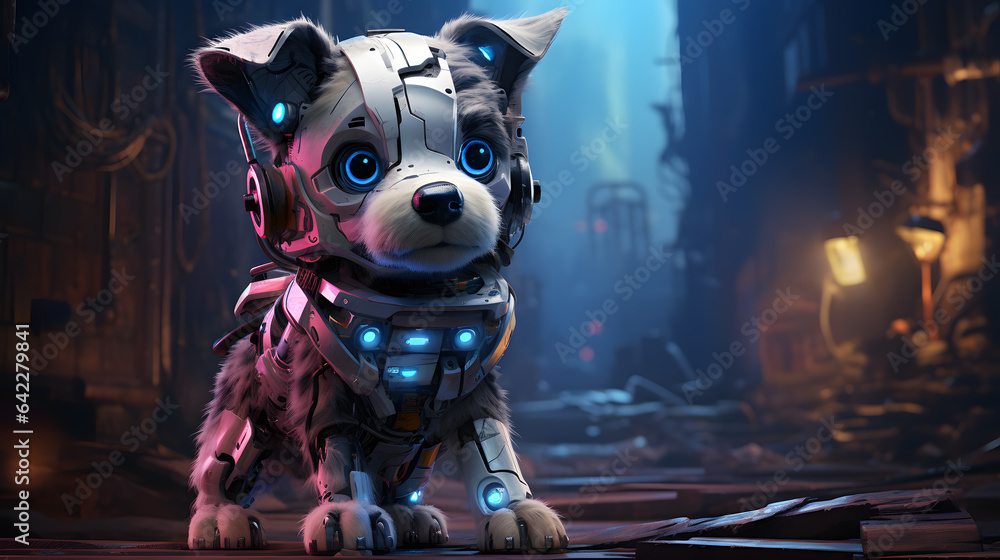 Poster there is a dog with a futuristic suit on sitting on a table generative ai