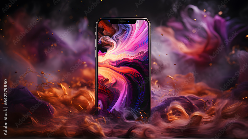 Poster a close up of a phone with a colorful liquid swirl on the screen generative ai