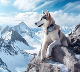 Husky dog sitting on the rock in winter mountains
