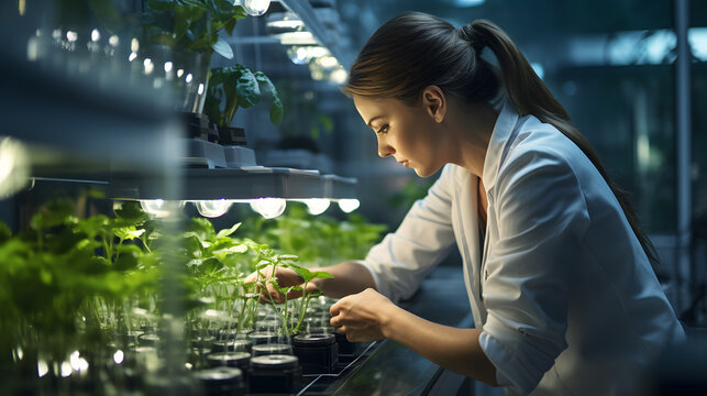 arafed woman in a lab coat looking at plants in a glass case Generative AI