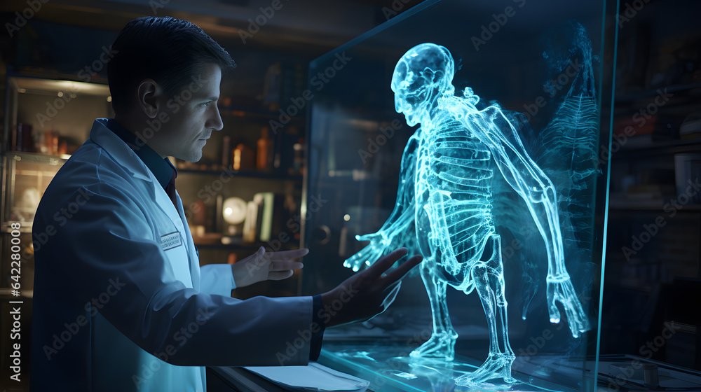 Poster arafed man in lab coat looking at a skeleton in a glass case generative ai
