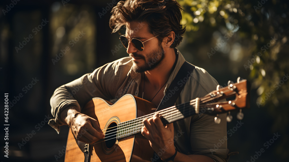 Poster arafed man playing a guitar in the sun with a tree in the background generative ai