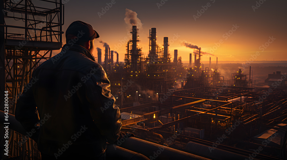 Aufkleber arafed view of a man looking at a factory with smoke stacks generative ai