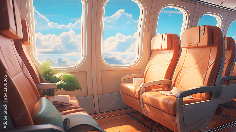Poster there are two seats in the plane facing the window generative ai