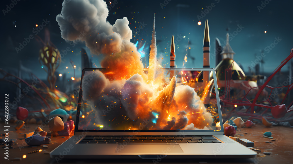 Aufkleber laptop computer with exploding screen on wooden table with colorful objects generative ai