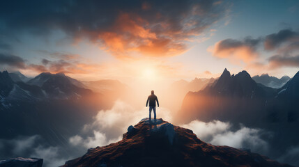 arafed man standing on top of a mountain with a sunset in the background Generative AI