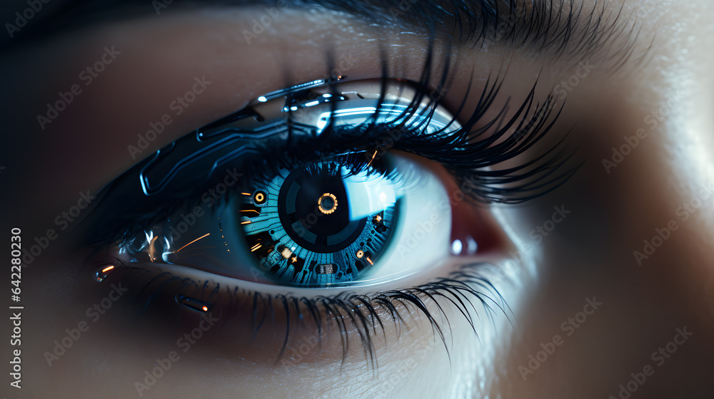 Poster there is a close up of a woman's eye with a clock in the iris generative ai