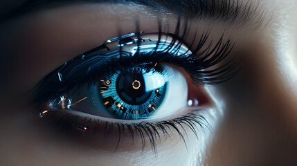 Fototapeta premium there is a close up of a woman's eye with a clock in the iris Generative AI