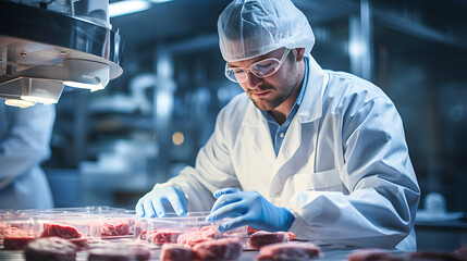 arafed man in a lab coat and protective glasses working on meat Generative AI