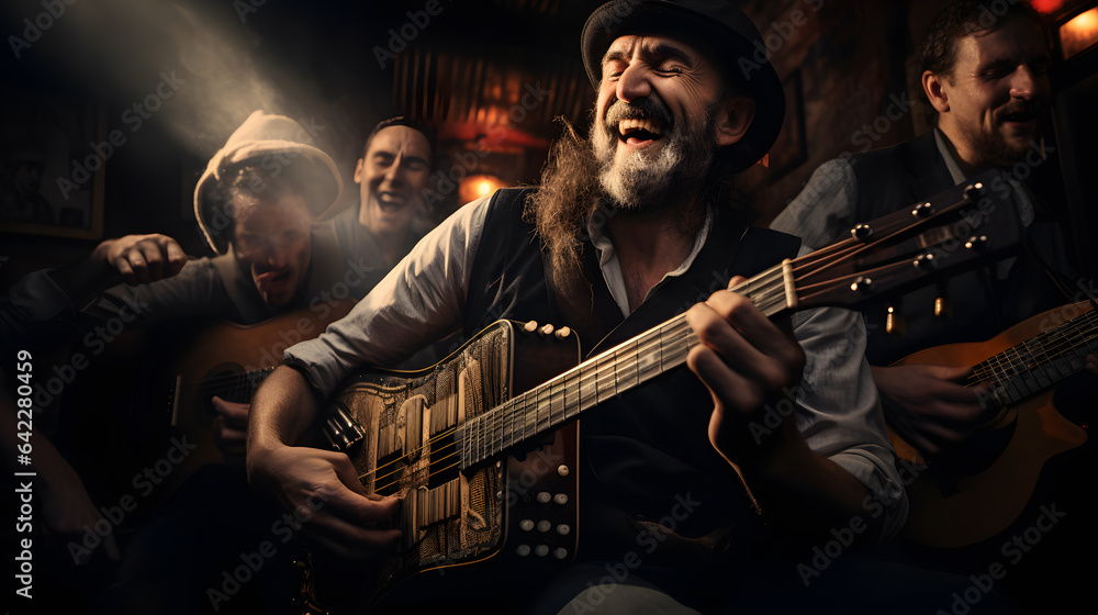 Poster there are a group of men playing music together in a bar generative ai