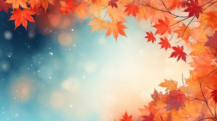 A vibrant autumn scene with colorful leaves on the ground and in the background