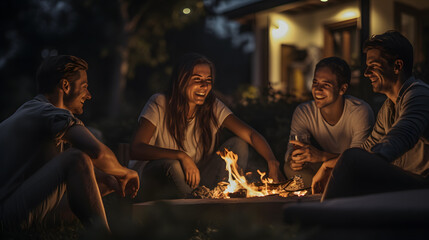 four friends sitting around a fire pit laughing and drinking wine Generative AI