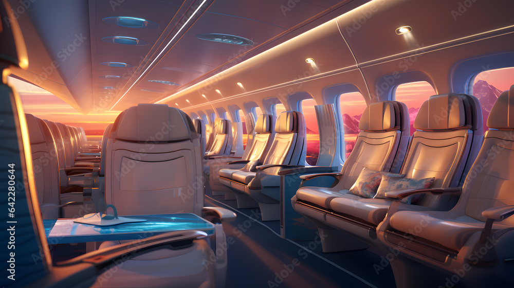 Aufkleber arafed view of a row of seats in an airplane with a view of mountains generative ai